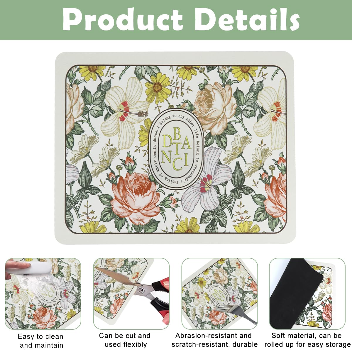 Supvox Dish Drying Mat for Kitchen 40x50cm with Non Slip Heat Resistant Sponge Core | Quick Dry Floral Counter Protector