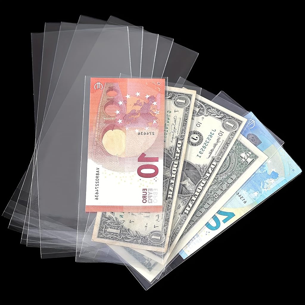 ZIBUYU Cash Envelopes for Banknote Collecting with Clear Money Box 100 Pcs | Transparent OPP Sleeves 17×8.5cm