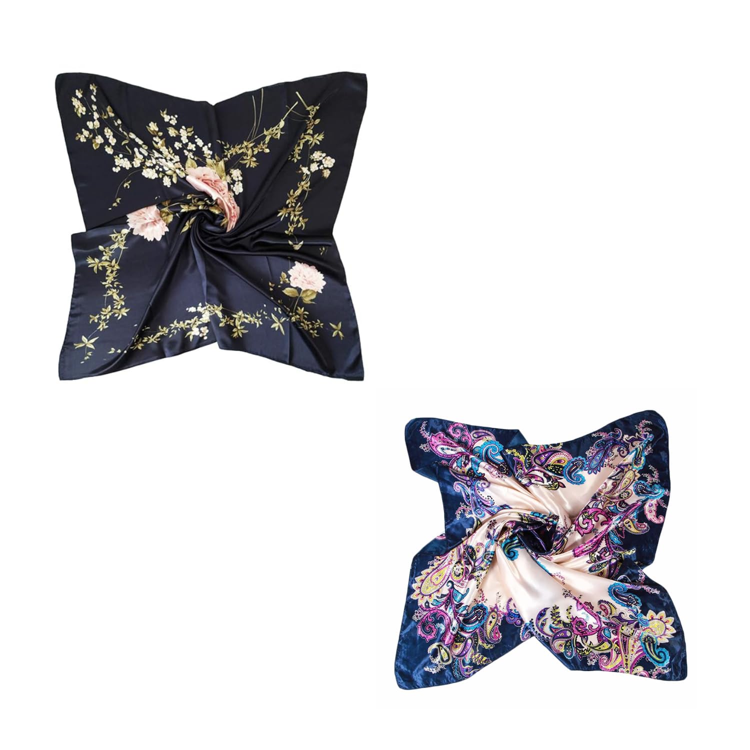 PALAY Women’s Satin Square Scarfs Set for Hair and Neck | 27x27 & 35x35 in Silk Feel