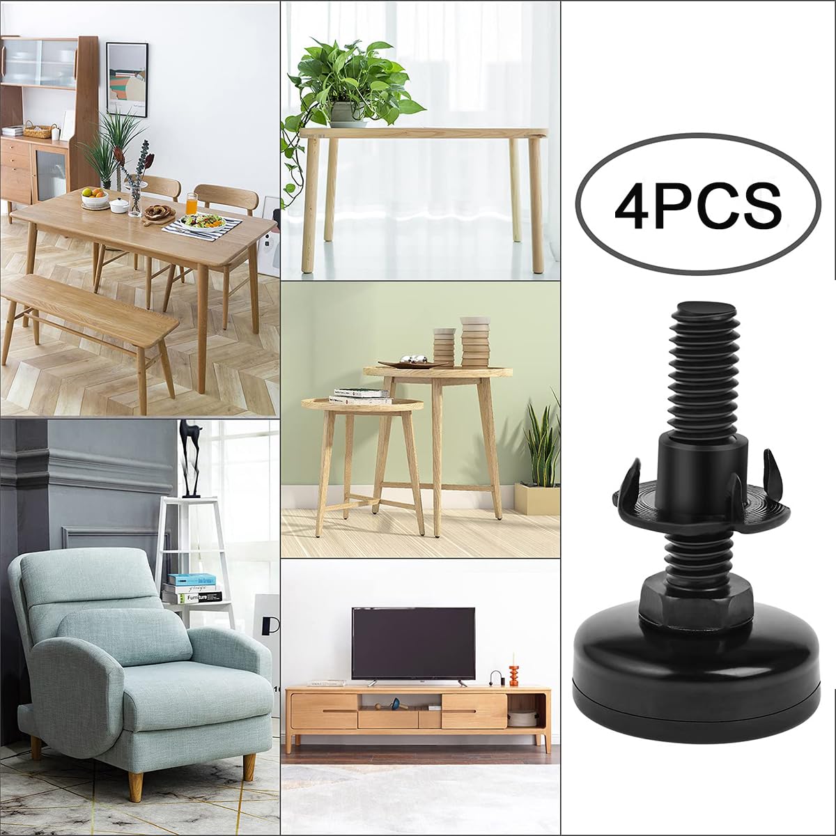 Serplex Adjustable Leveling Feet Set for Furniture Tables and Cabinets with T Nut Kit featuring 3/8 16 Thread Steel Support | 1320lb Load Capacity