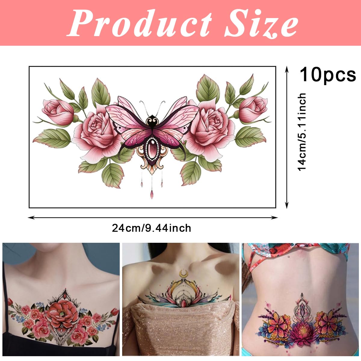 MAYCREATE® 10 Sheet Floral Tattoo Sticker Large Temporary Tattoo for Women, Rose Flower Haif Arm Band Tattoo, Waterproof Enchanting Body Art Tattoo Stickers for Neck, Waist, Back