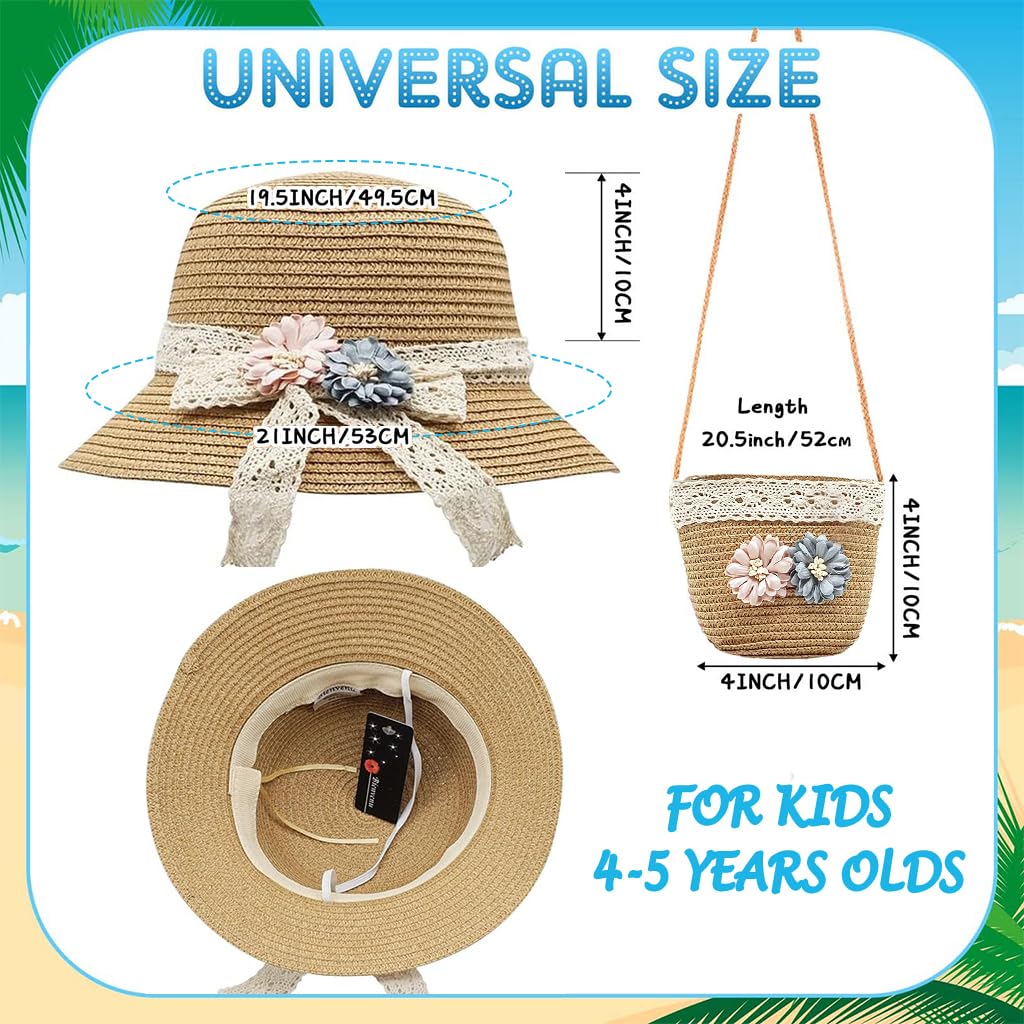 SNOWIE SOFT Straw Hat for Kids with Mini Shoulder Bag featuring Floral Lace Bowknot | Ideal for Girls Beach and Summer Outings