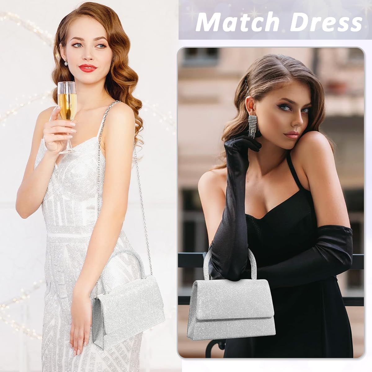 PALAY Clutch for Women with Detachable Chain Top Handle in Sparkling Silver PVC | 7.95x2x5.3 in Evening Tote