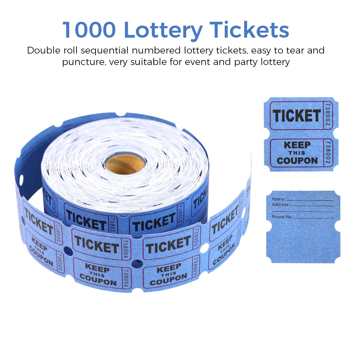 Climberty Raffle Tickets for Events and Fundraisers with Easy Tear Perforation | 1000 Blue Sequentially Numbered Double Roll