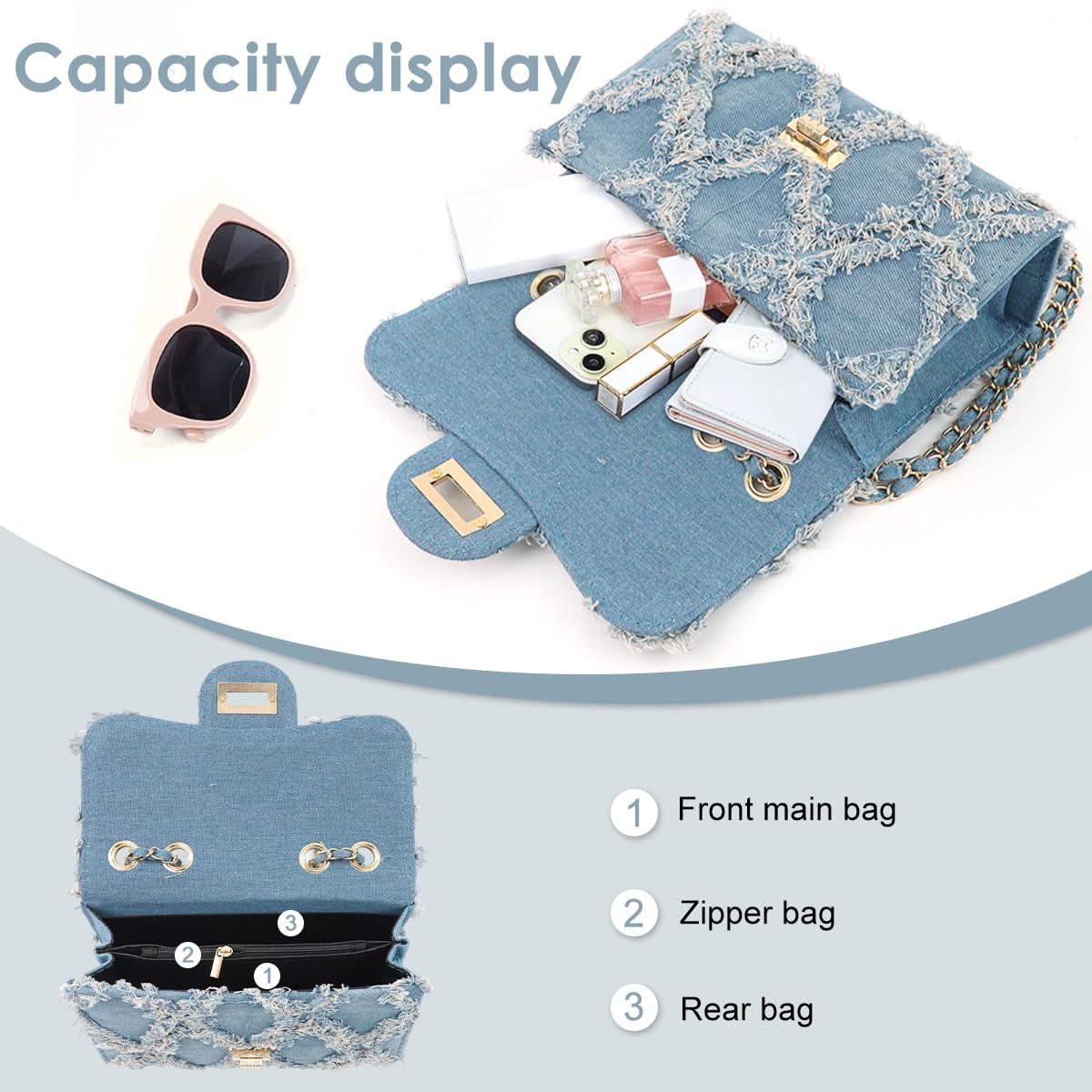 PALAY Small Shoulder Bag for Women with 21 x 9 x 14 cm Size and Metal Lock Closure | Blue Denim Crossbody