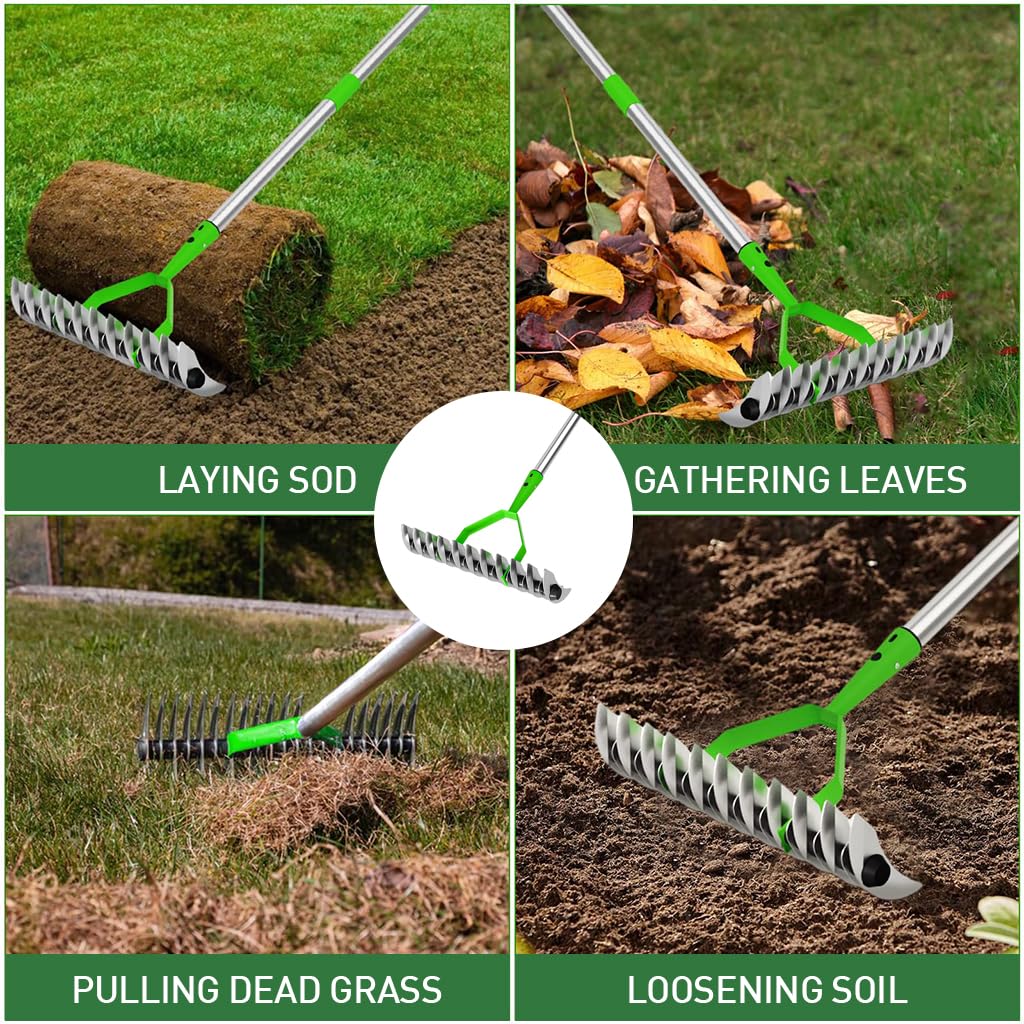 HASTHIP® Dual-edge Garden Rake - 170CM Farming Thatch Rake - Alloy Steel Adjustable Handle - Gardening Rake Loosening Soil & Cleaning Grass - Heavy Duty Agriculture Tool - Suitable for Garden & Lawn