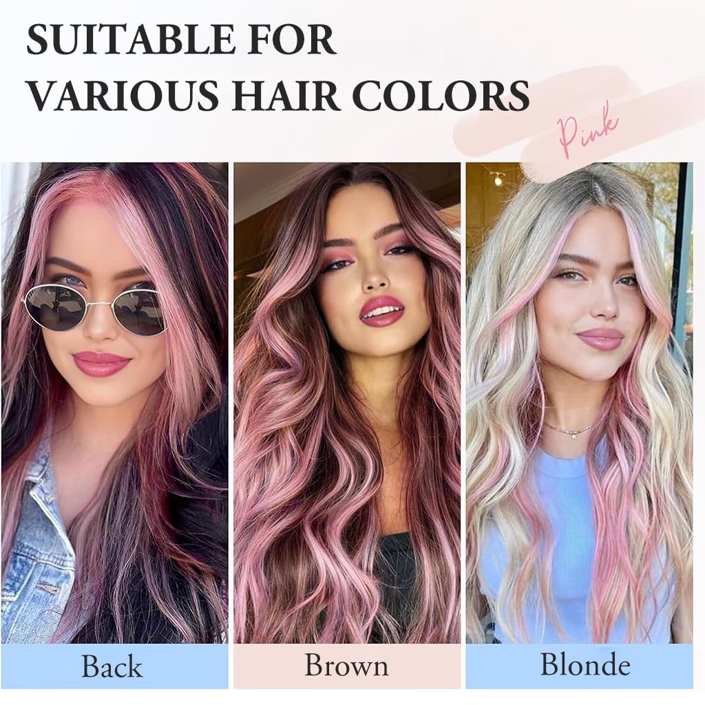 ZIBUYU 5 Pcs Pink Hair Extensions Clip in Hairpiece Accessories, 22 Inch Long Streak Straight Ins Heat Resistant Colored Synthetic, Using for Halloween Costume Party Play Highlights