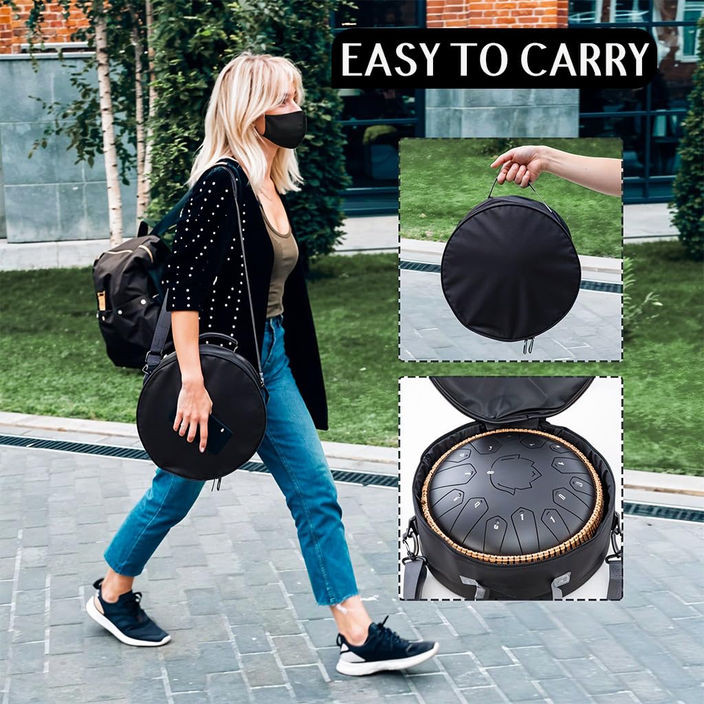 HASTHIP Steel Tongue Drum for Meditation with 15 Notes 13 in Titanium Alloy | Black Handpan Instrument
