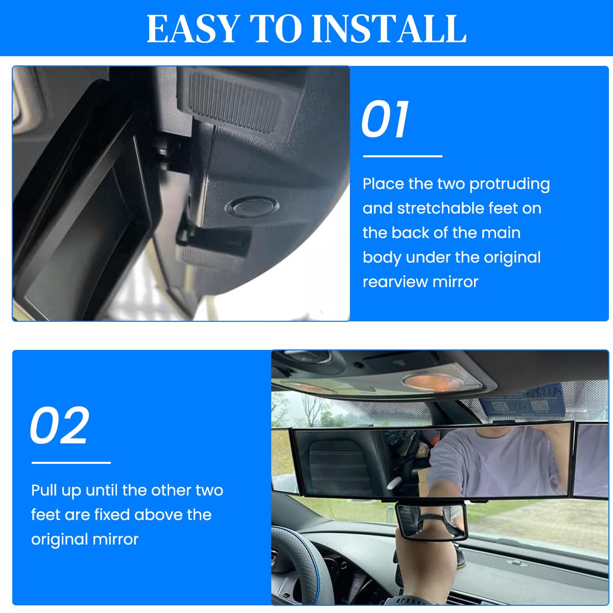 STHIRA Rear View Mirror for Car with 15 Inch HD Wide Angle and Triple Rotatable Mirrors | Easy Clip On Installation