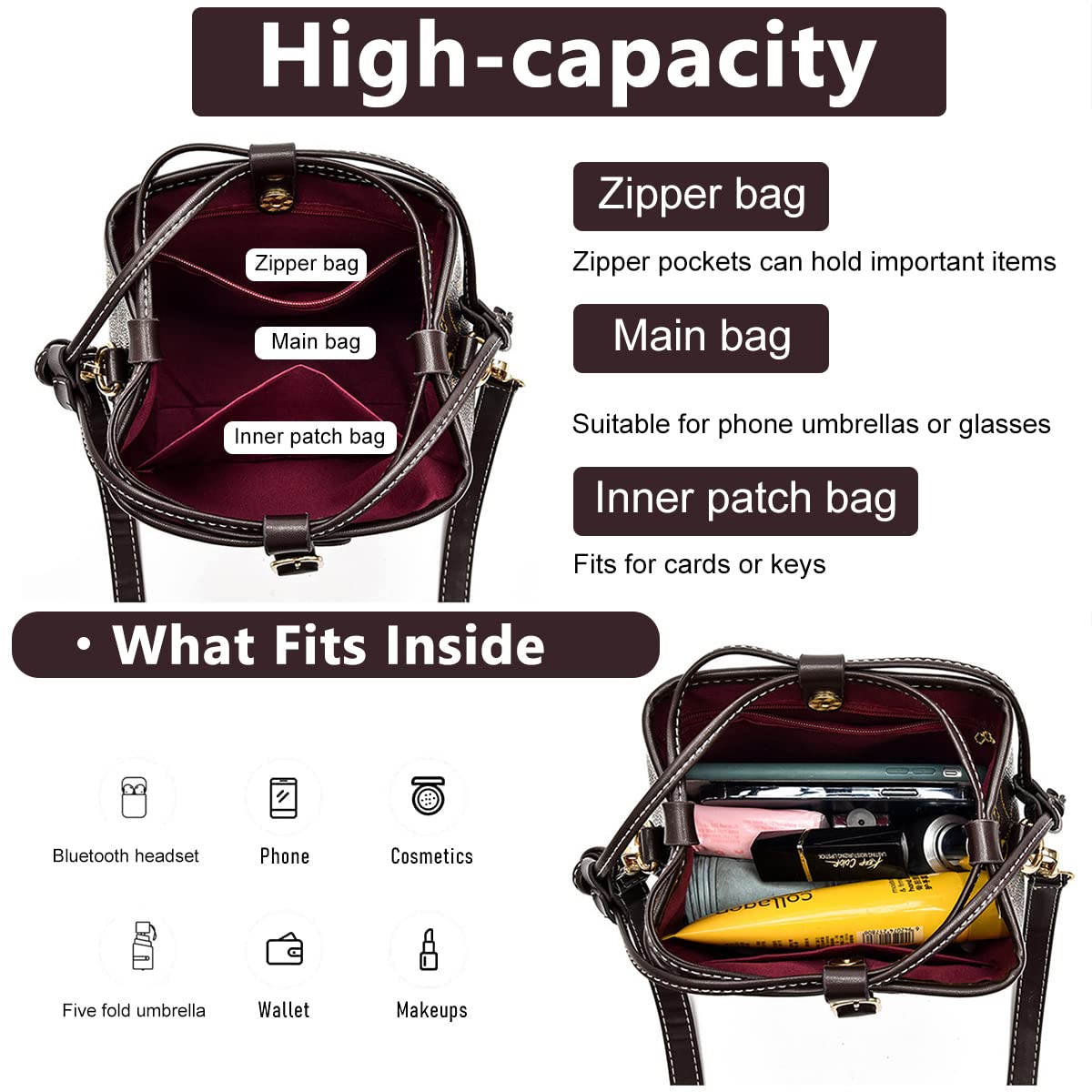 PALAY Bucket Bag for Women with Adjustable Strap and Button Closure 17×11×16.5 cm | PU Leather Crossbody Handbag