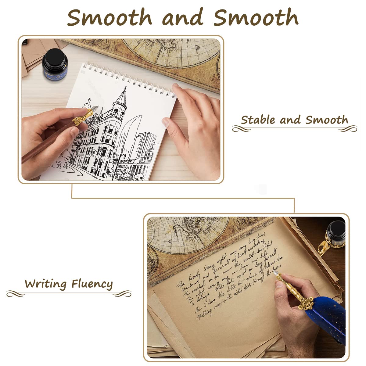 HASTHIP Feather Pen Set for Calligraphy with 6 Ink Bottles and 18 Nibs | Wax Seal Stamp Kit