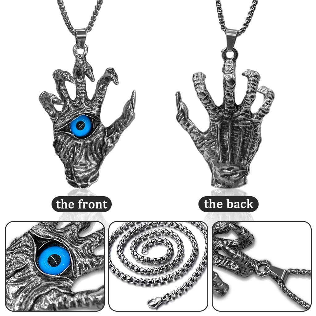 Proberos Necklace for Men featuring Devil's Hand Blue Eye Pendant and Gothic Punk Style | Alloy Chain
