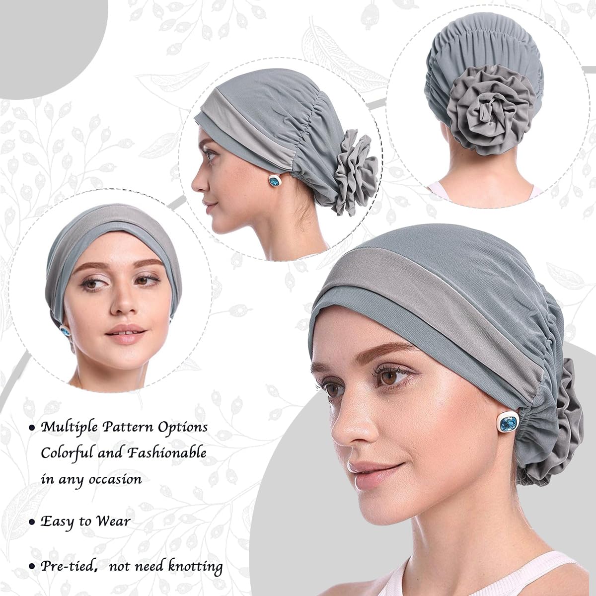 PALAY Chemo Caps for Women featuring Elastic Fit 56–60 cm and Cotton Flower Design | 3 PCS Grey Set