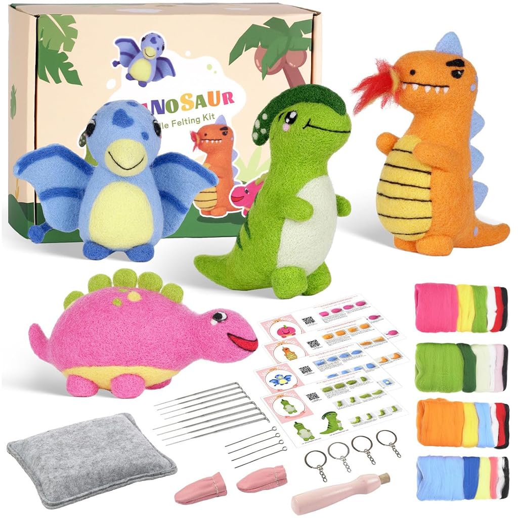 PATPAT® DIY Needle Felting Kit 4Pcs Cartoon Dinosaur Needle Felting Kit Color Wool Needle Felting Kit with Tools DIY Crafting Kit for Kids Adults DIY Children's Day Gift