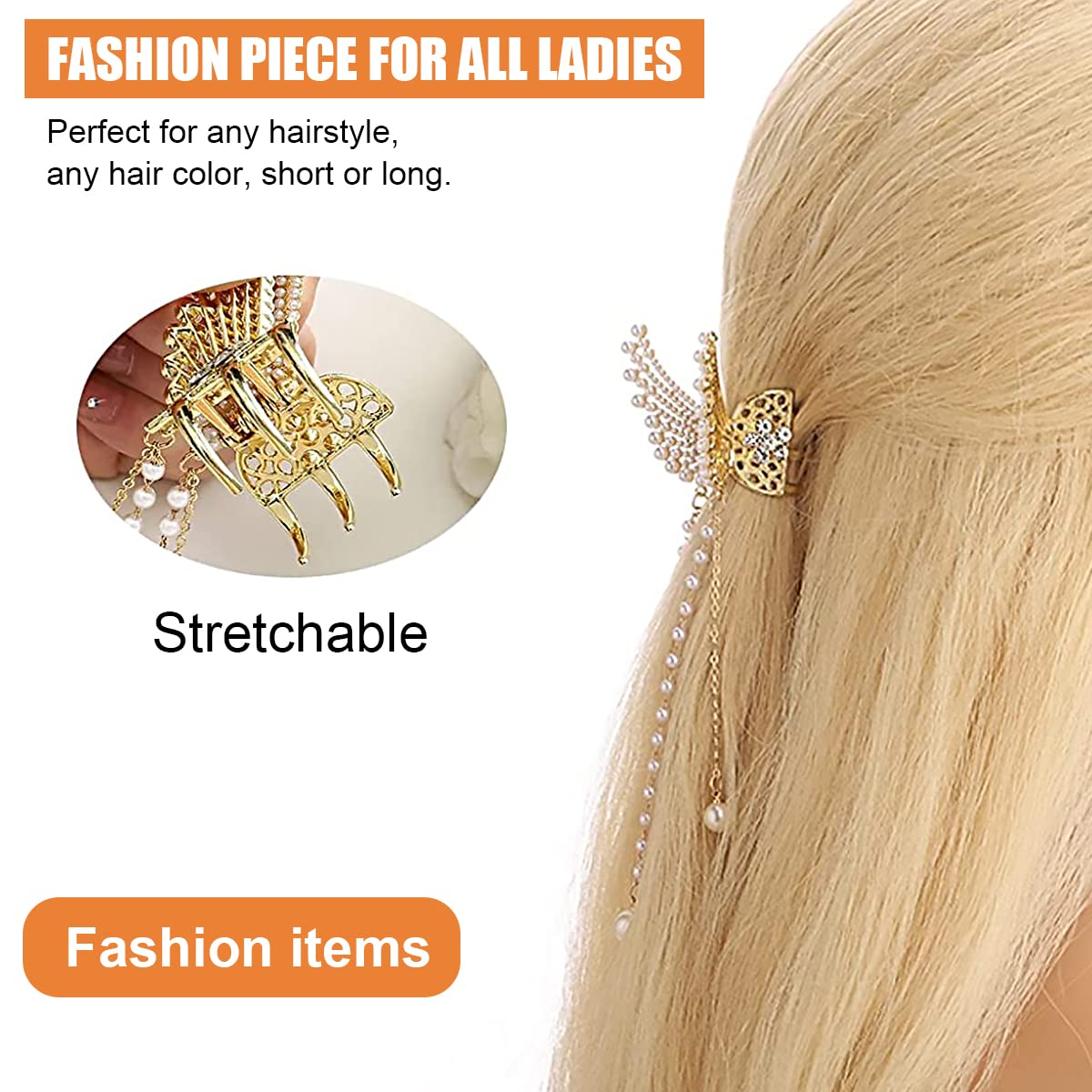 SANNIDHI Butterfly Hair Clips for Women with Crystal Pearl Tassel Design | 1 Pack