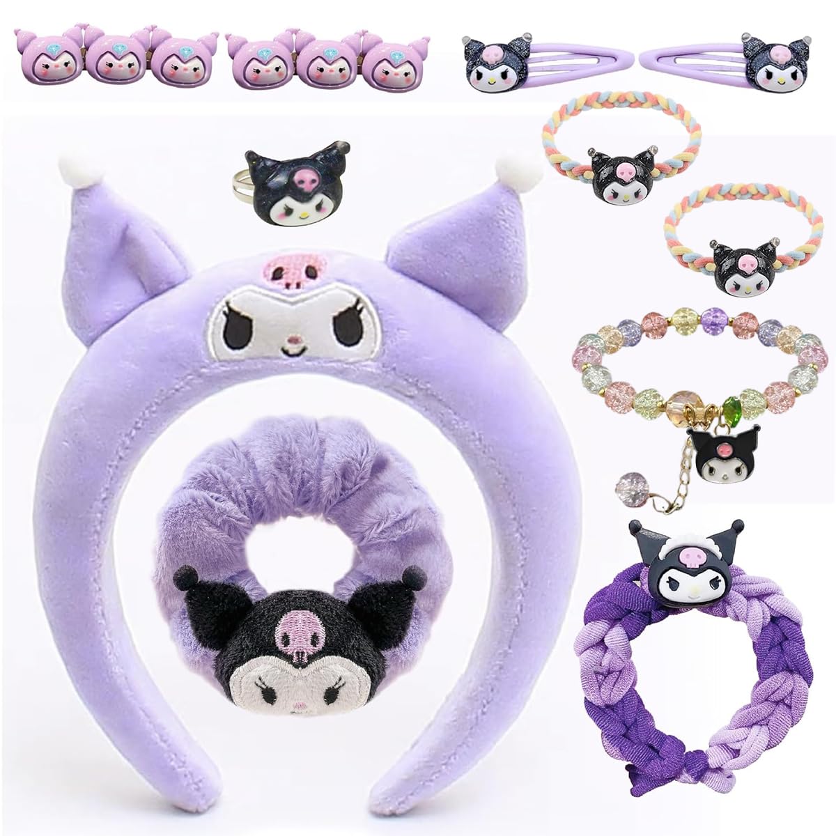 PATPAT® Girls Kuromi Accessories Set Fashion Kuromi Wardrobe Accessories Gift Set of 10Pcs Kuromi Girls Headband Woven Rope Hair Tie Hair Clips Plush Hair Scrunchie Finger Rings