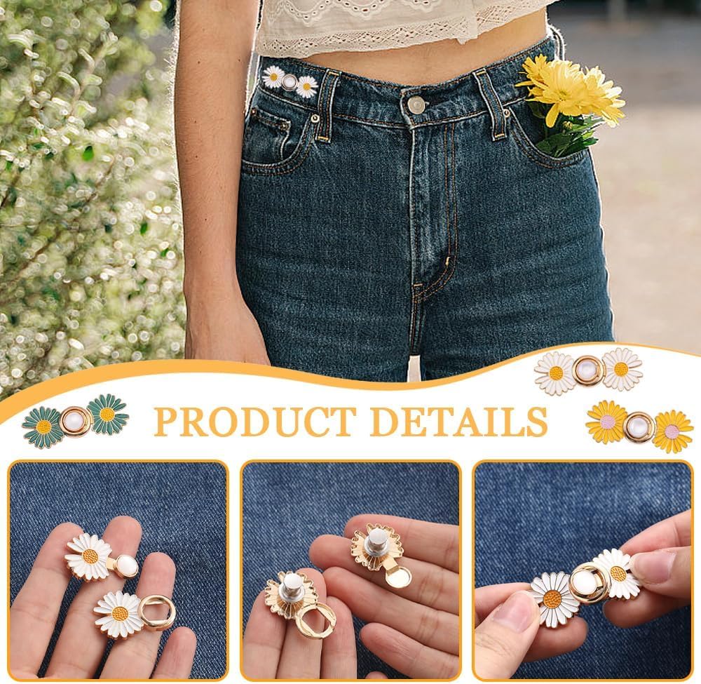 ZIBUYU Jeans Waist Adjusters for Pants and Skirts featuring Daisy Alloy Design | 12 Set No Sew Tighteners