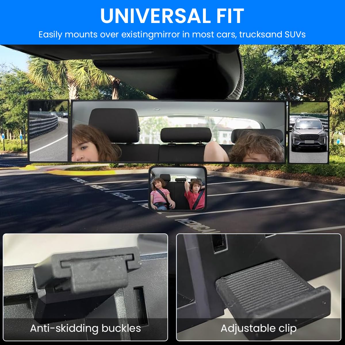 STHIRA Rear View Mirror for Car with 15 Inch HD Wide Angle and Triple Rotatable Mirrors | Easy Clip On Installation