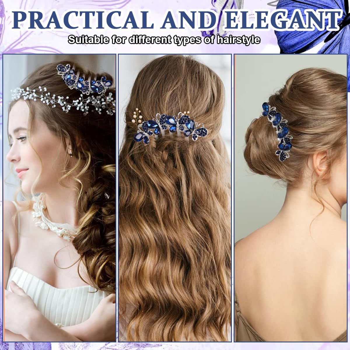 PALAY Hair Comb Clip for Bridal and Daily Hairstyles with Butterfly Rhinestones Blue