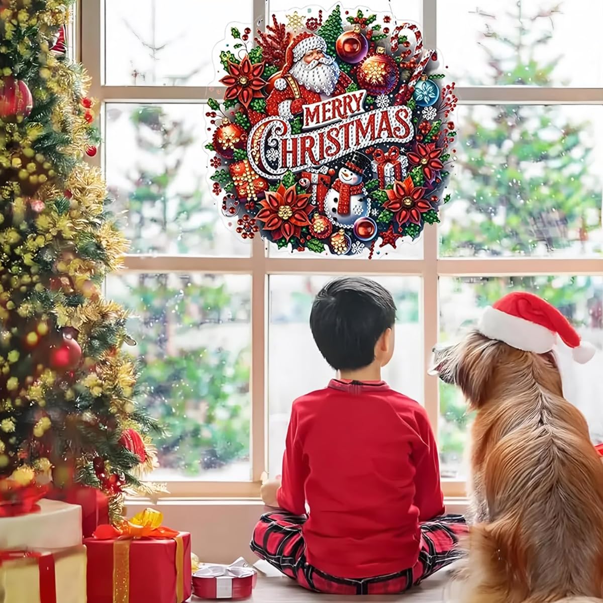HASTHIP Diamond Art Christmas Door Sign for Festive Decor with Santa Claus 19x19cm | Sparkling Hanging Ornament Gift