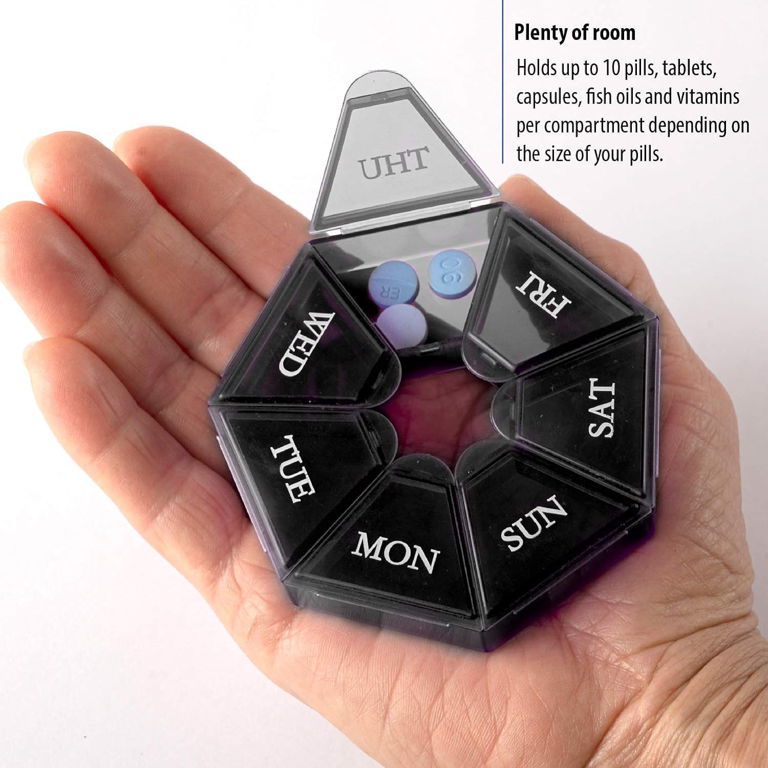 HANNEA Weekly Pill Organizer for Travel with 7 Sided Case 8.3×8.3×1.7cm | Food Grade PP