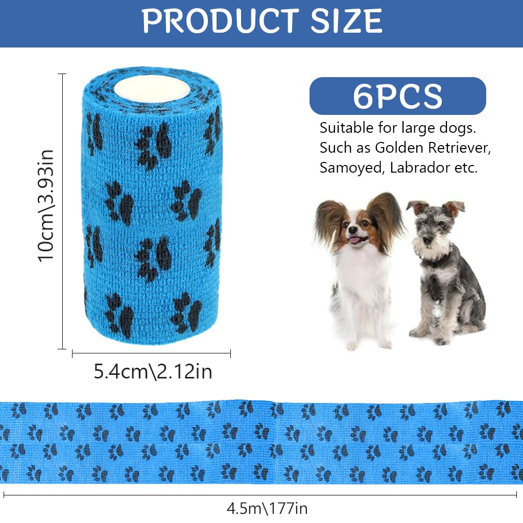 Qpets® 6Pcs Pet Injury Recovery Bandage Self Adhesive Non Woven Bandage Wide Elastic Bandage Color Paw Print Lick Proof Ingury Recovery Bandage (10 * 4.5CM)