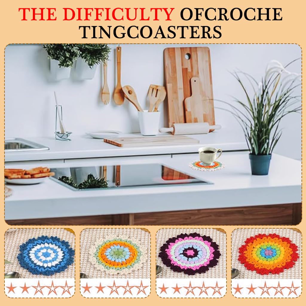 PATPAT DIY Crochet Kit for 4 Floral Coasters with Ergonomic Hook and Tutorial Guide | Beginner Gift Set