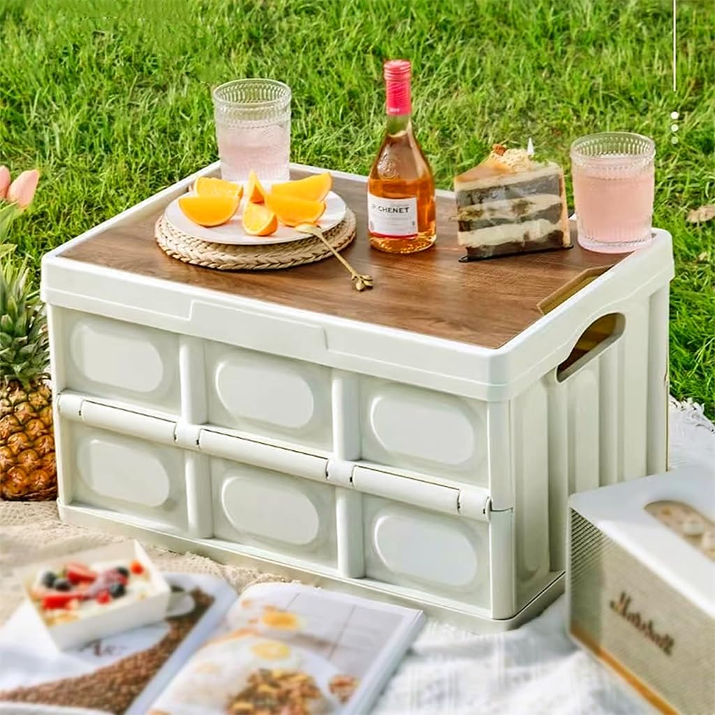 Proberos Camping Storage Box for Outdoor and Car with 30L Capacity and Detachable Wooden Lid | Eco-Friendly PP Organiser