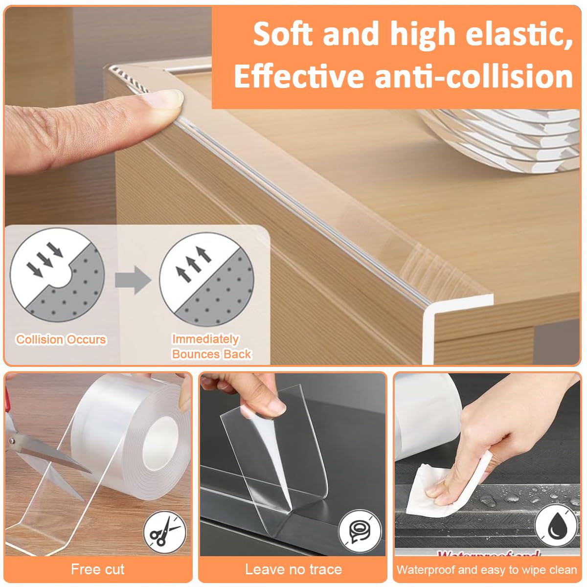 SNOWIE SOFT® 6.6ft Furniture Protector Strip 2mm Thickness Child-proof Corner Protector Strip Cuttable Transparent Silicone Self-adhesive Furniture Protector for Table Edge, Corners, Cabinet, Drawer