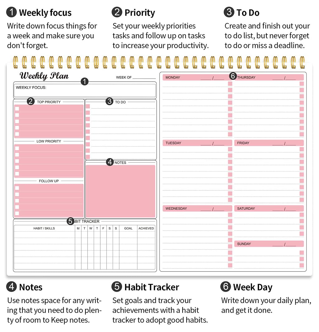 ZIBUYU Weekly Planner Notepad for Work and School with 8.5x11 in Pages featuring Twin Wire Binding and Pink Design