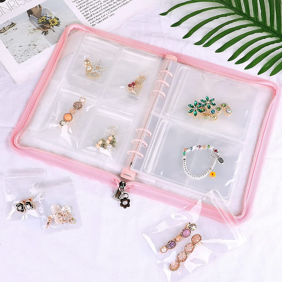MAYCREATE Jewelry Storage Book with 60 Pockets and Transparent PVC Ziplock Bags | Pink 3 PCS