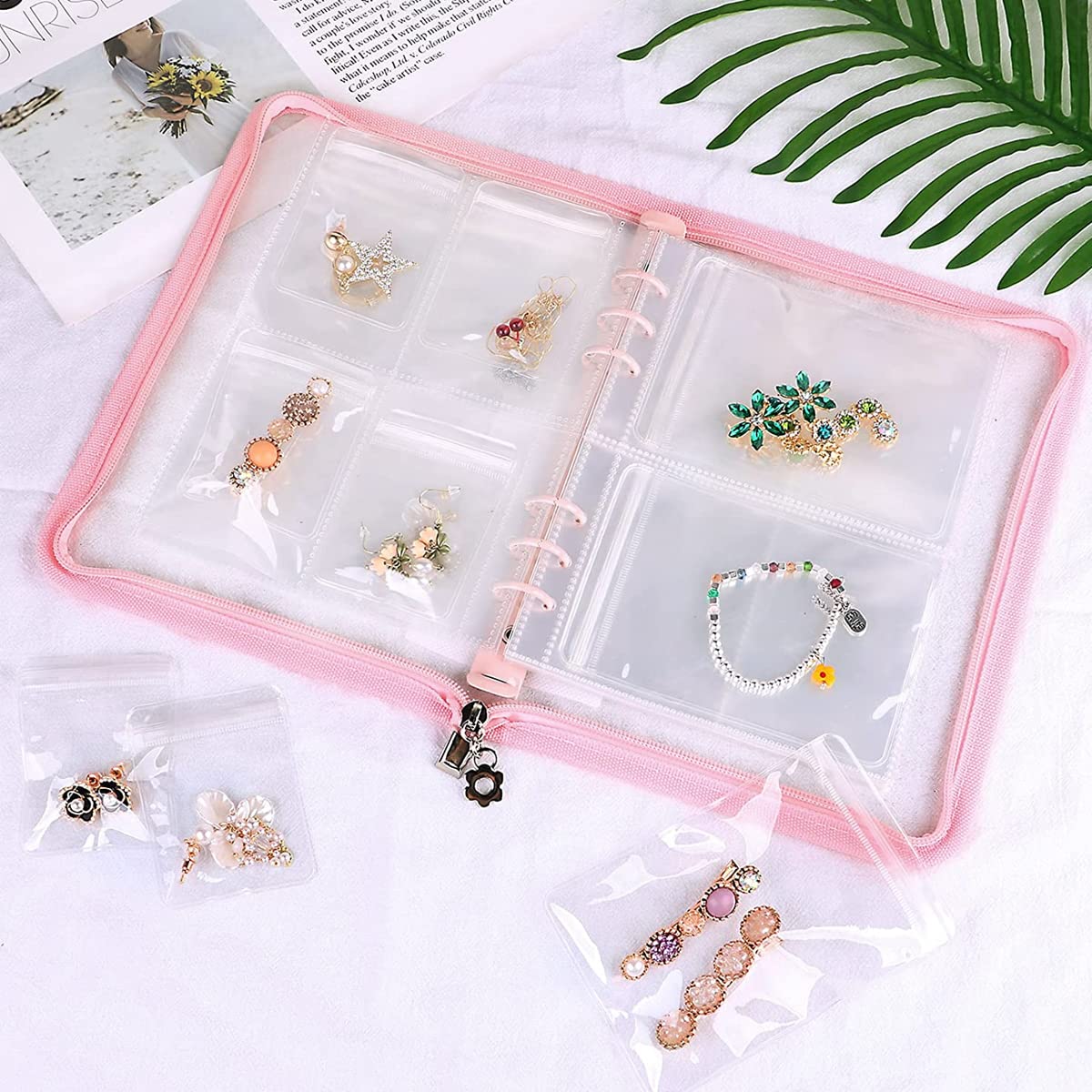 MAYCREATE® Transparent Jewelry Storage Book, Anti Oxidation Jewelry Storage Organizer Bag with 60 Pockets for Bracelets Necklace Rings, Pink