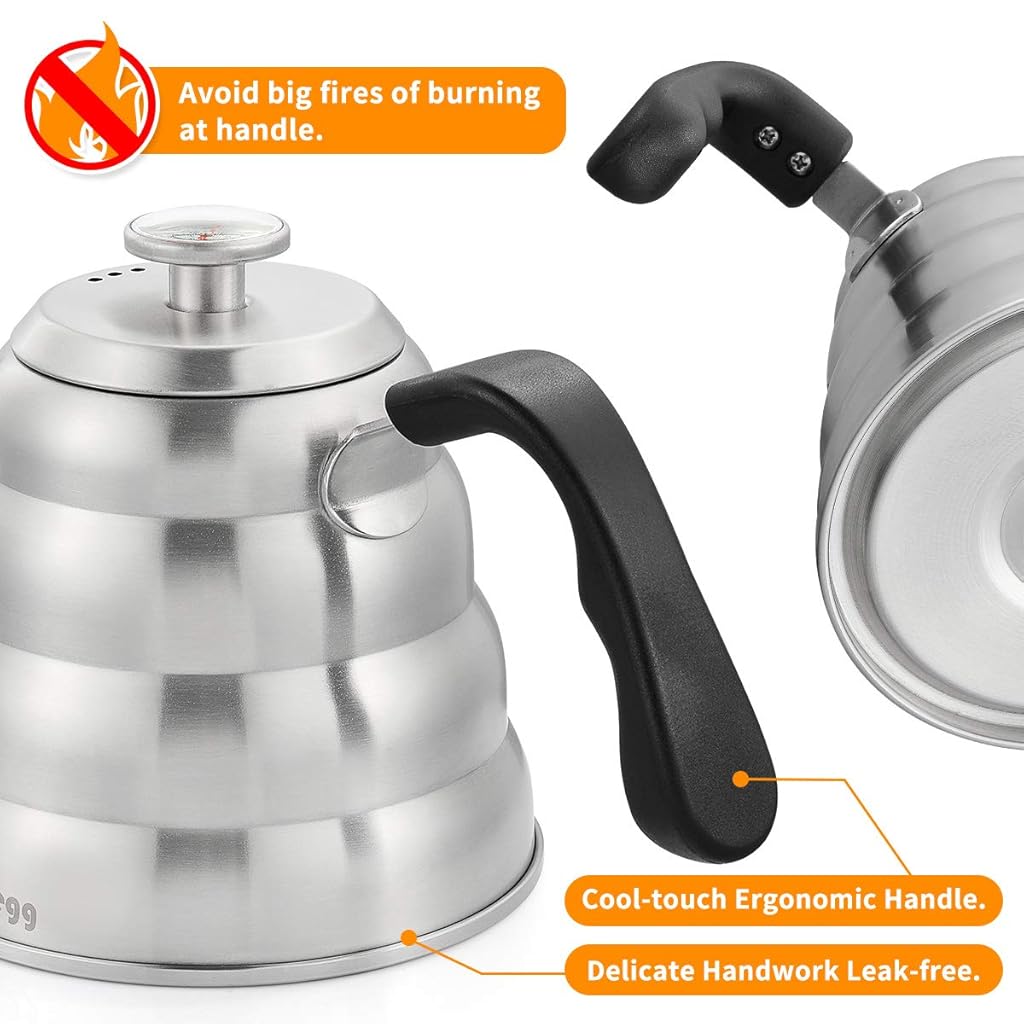 HASTHIP® Pour Over Coffee Kettle Gooseneck for Tea with Thermometer Premium 3-Layer Stainless Steel Bottom Maker Pot Update Triple Layered Base All Stovetops 40 floz 1200ml 3 PCS