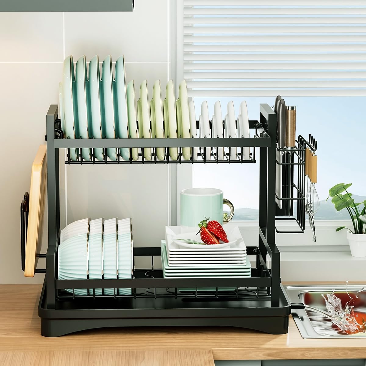 HASTHIP Double Layer Kitchen Dish Rack with Drip Tray and Chopping Board Holder 42x31x33cm