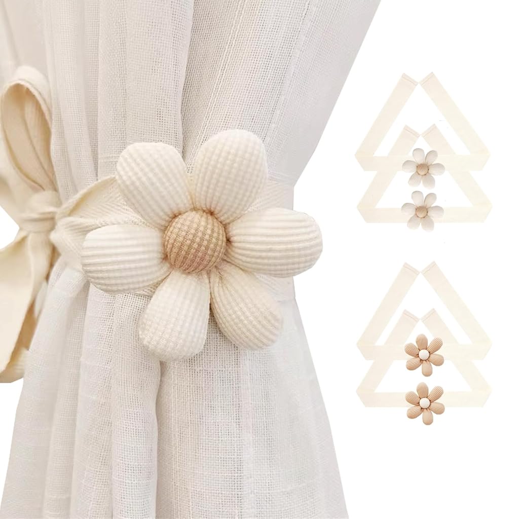 HASTHIP® 2PCS Curtain Tiebacks Boho Flower Curtain Holdbacks Simple Elegant Sunflower Curtain Holders Boho Bedroom Decor（2Pcs Cream&2Pcs Khaki）