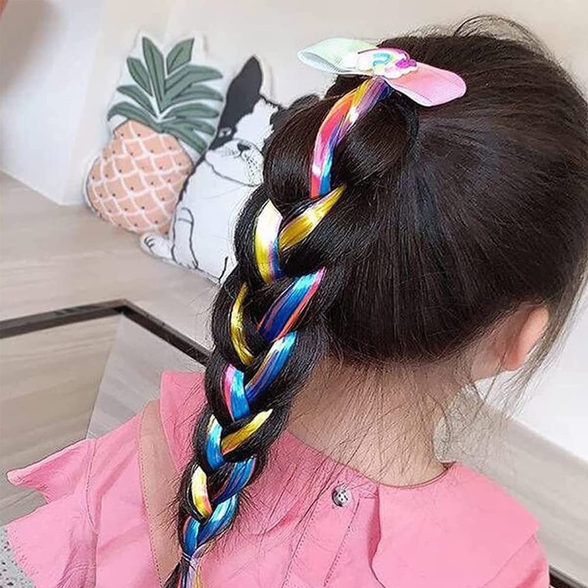SANNIDHI Hair Extensions for Kids with Rubber Band Bows and Glitter Braids | 6PCS Synthetic Ponytails