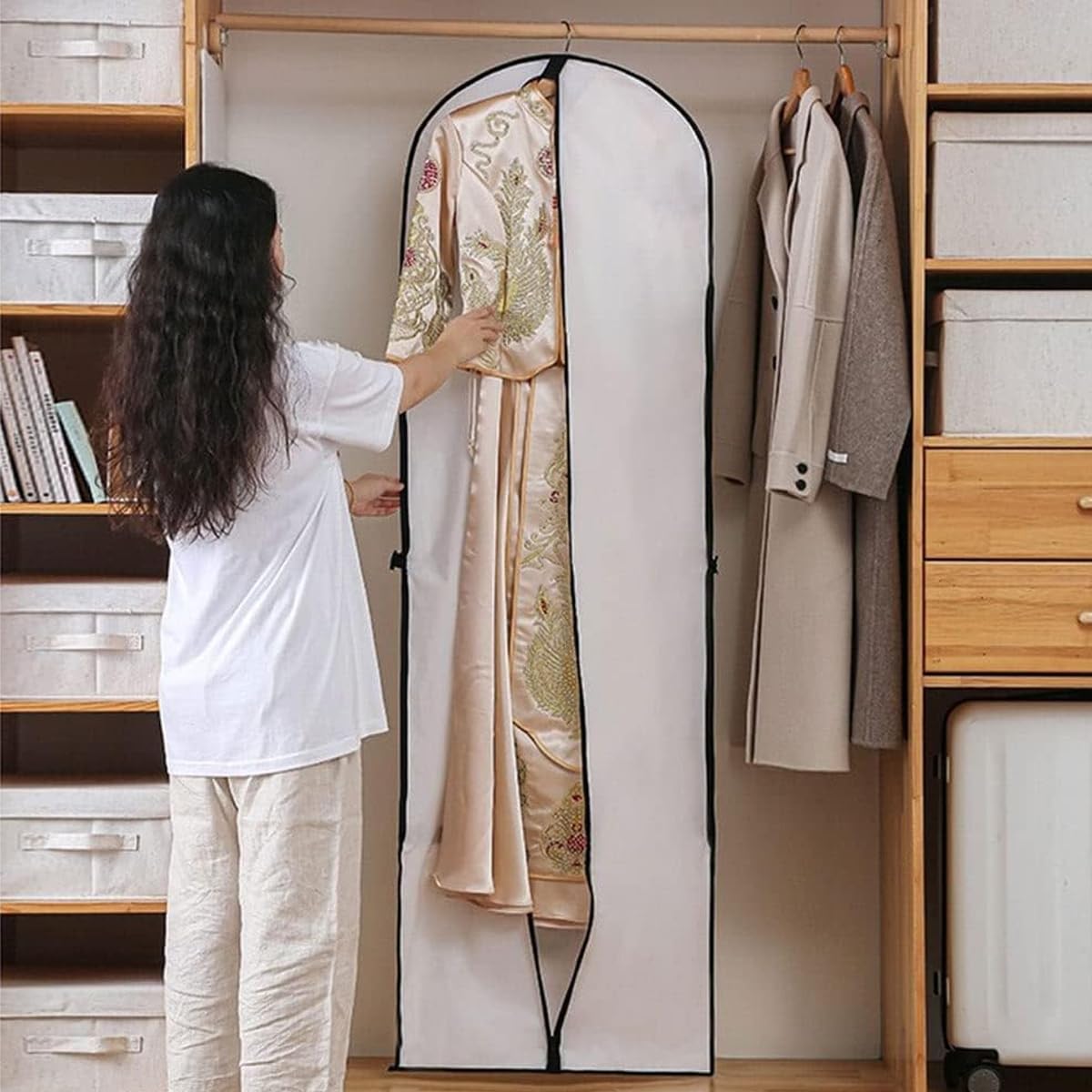 HASTHIP Gown Garment Bag for Wedding and Prom Dresses 70.8x23.6 in with Zipper Window | White Non Woven Fabric Storage