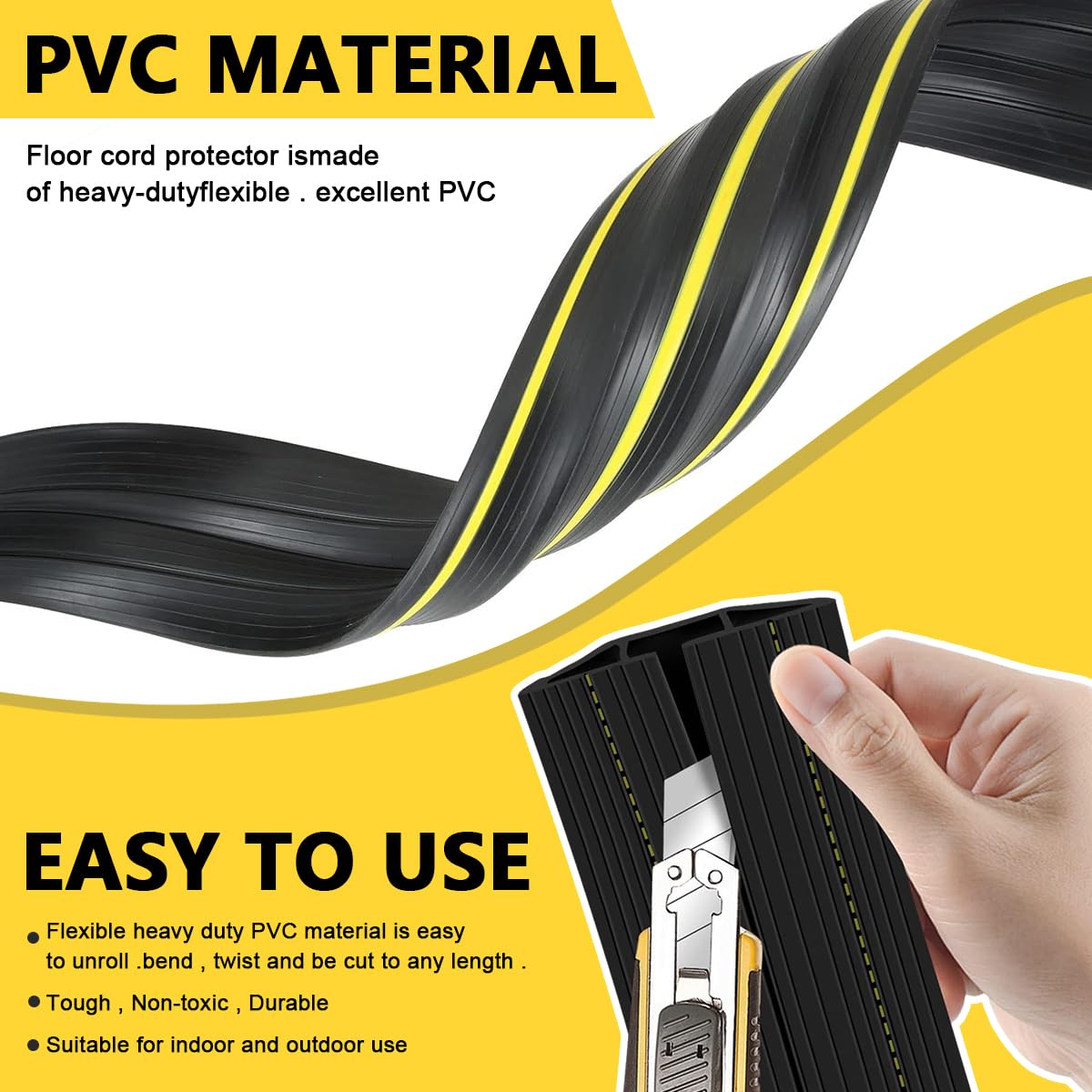 HASTHIP Floor Cord Cover Protector for Home and Office with 6.56ft Cuttable PVC 3 Channels | Waterproof and Easy Installation
