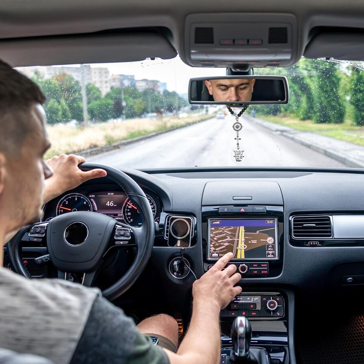 STHIRA Guardian Angel Cross Car Mirror Charm with Psalm Verse Beads and Compass Pendant 2PCS