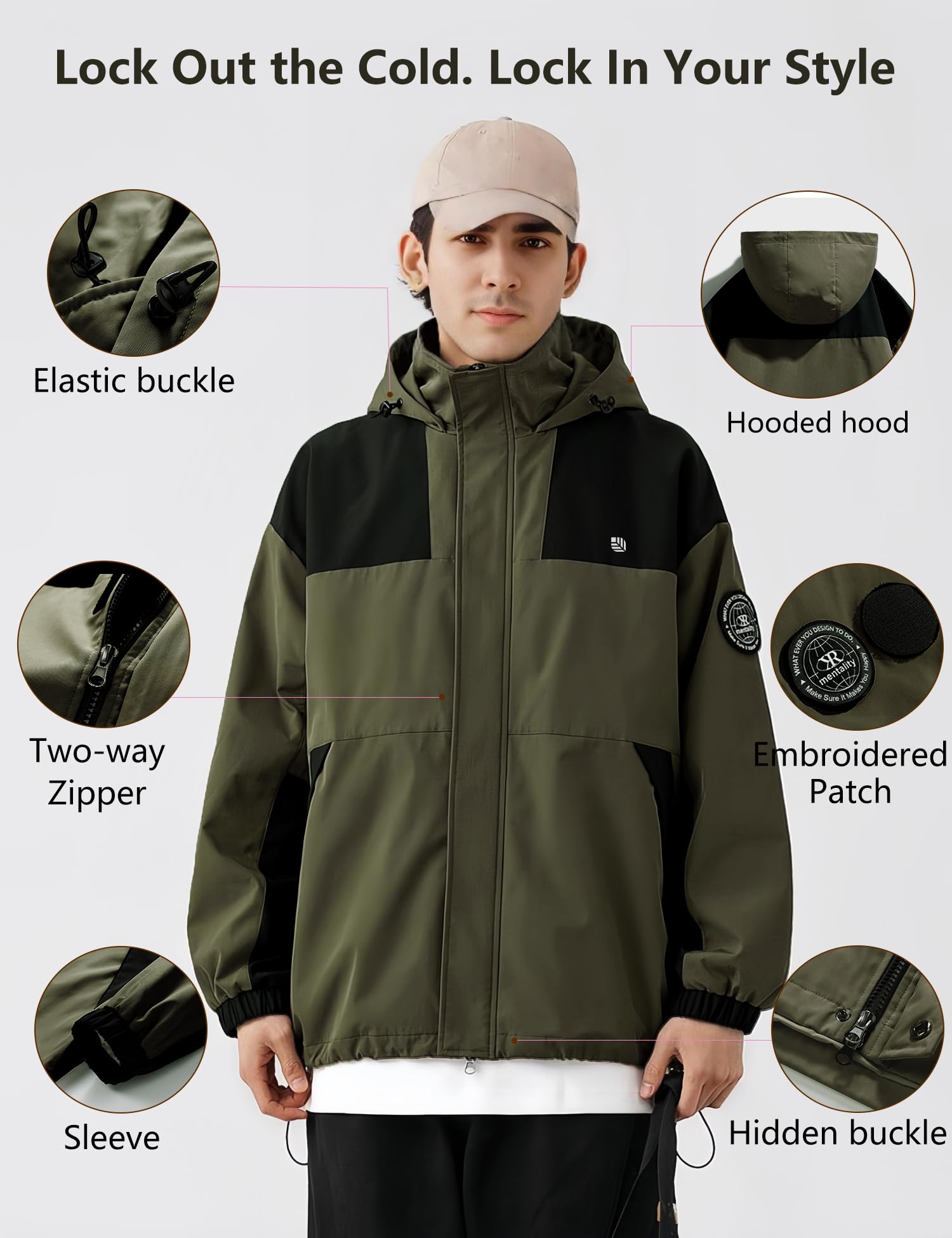 Venzina Men's Modular Tech Wear Jacket for Urban Outdoor Style with Waterproof Windproof Shell and Interchangeable Patches in Army Green