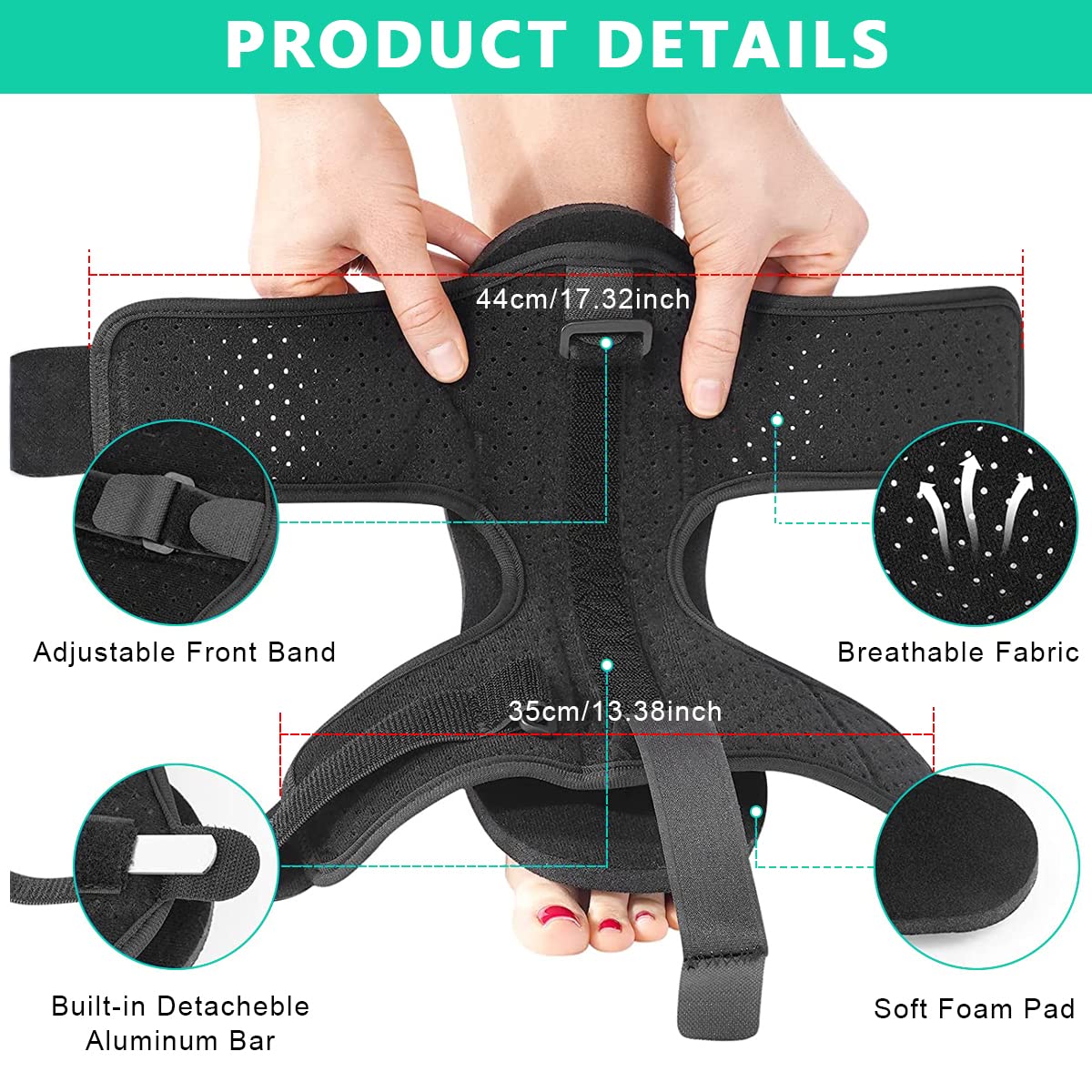 HANNEA Plantar Fasciitis Splint for Day and Night Pain Relief with 70°–90° Flexible Alloy Support | Includes Massage Ball and 2 Arch Pads