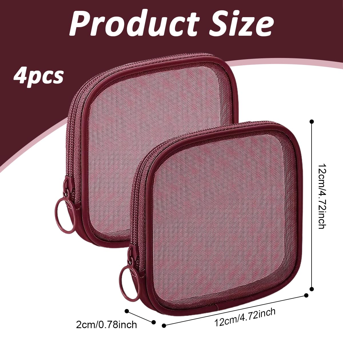 MAYCREATE® 4pcs Mesh Makeup Pouch Small Zipper Cosmetic Bags for Women 4.7'' Square Fashion Lipstick Pouches for Women, Nylon Mini Cash Toiletry Organizer Bag for Daily Accessories - Wine Red