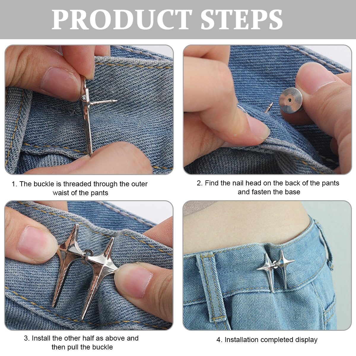 SANNIDHI Adjustable Waist Buckle for Jeans and Pants with Silver Star Design | 4 Sets Detachable No Sewing Metal Adjusters