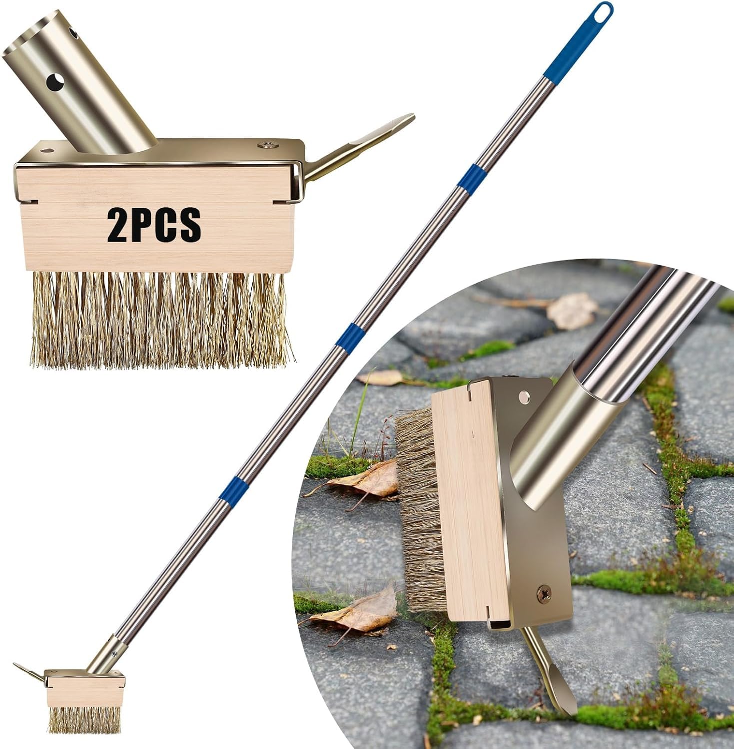 Supvox Weed Crack Cleaning Brush for Sidewalk and Garden with 62.9 in Adjustable Handle | Featuring Stiff Wire Bristles and Metal Weed Remover