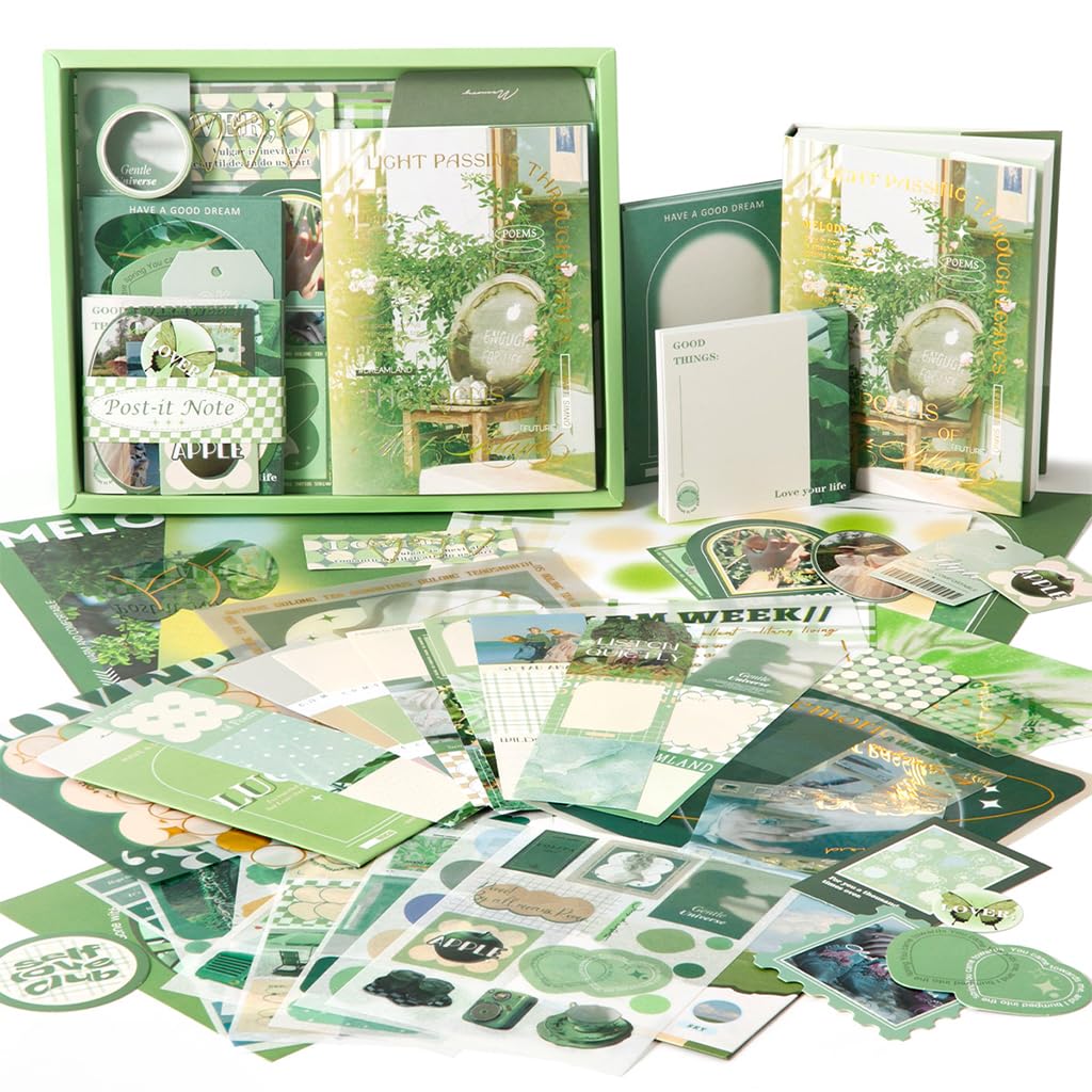 HASTHIP® Vintage Scrapbooking Stickers Gift Set, Green Spring-Themed Kit with A6 Notebook, Washi Stickers, PVC Decor & More,  Perfect for Bullet Junk Journal, Stationery, DIY Journaling Scrapbooking