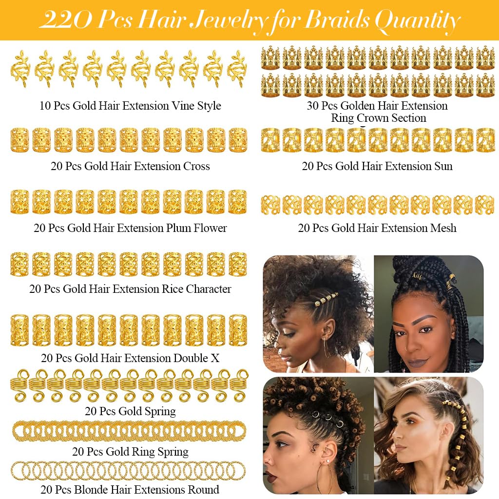 PALAY Hair Jewelry for Braids featuring 220 pcs metal rings and crown charms in gold for women