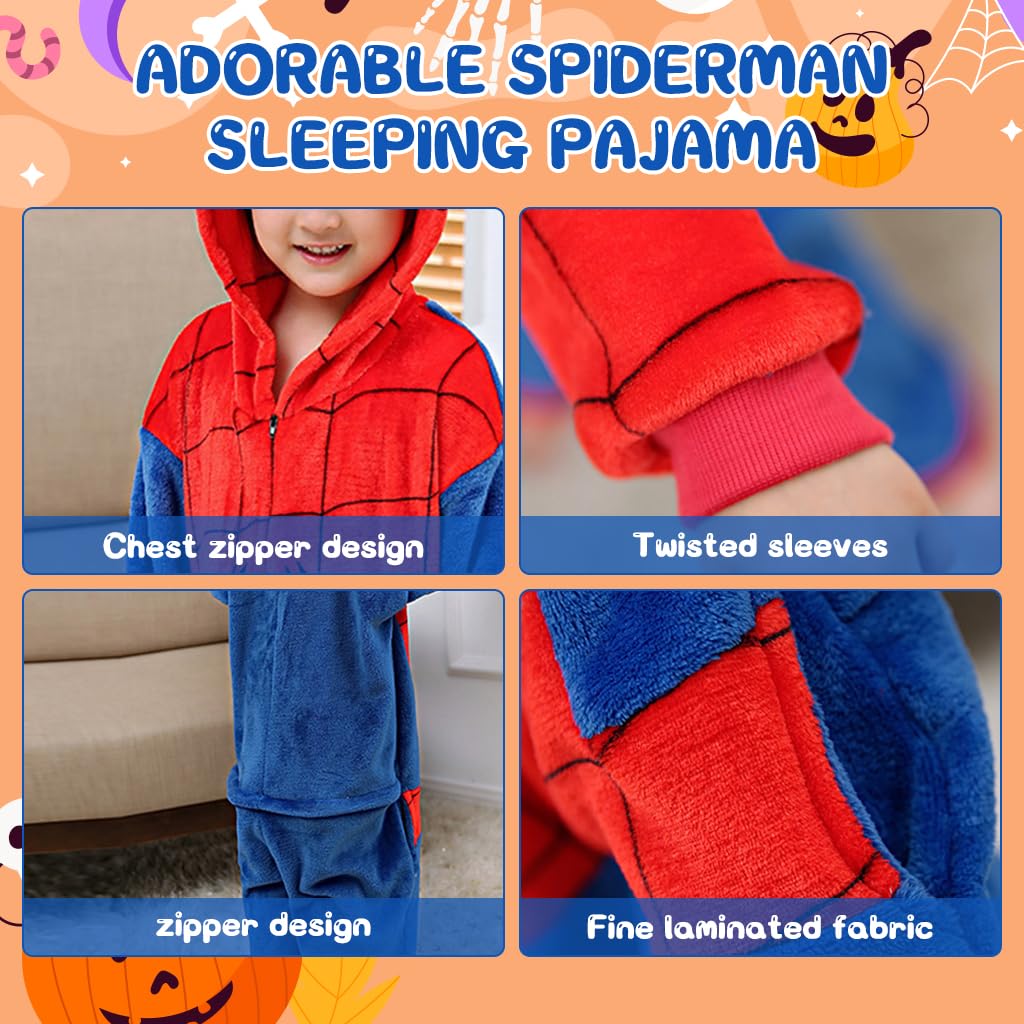 PALAY® Winter Kids Pajama Soft Plush Spiderman Pajama Warm Plush Kids Spiderman Hooded Pajama Girls Boys Pajama Party Costume Zipup Spiderman Pajama for 5-6 Years Old