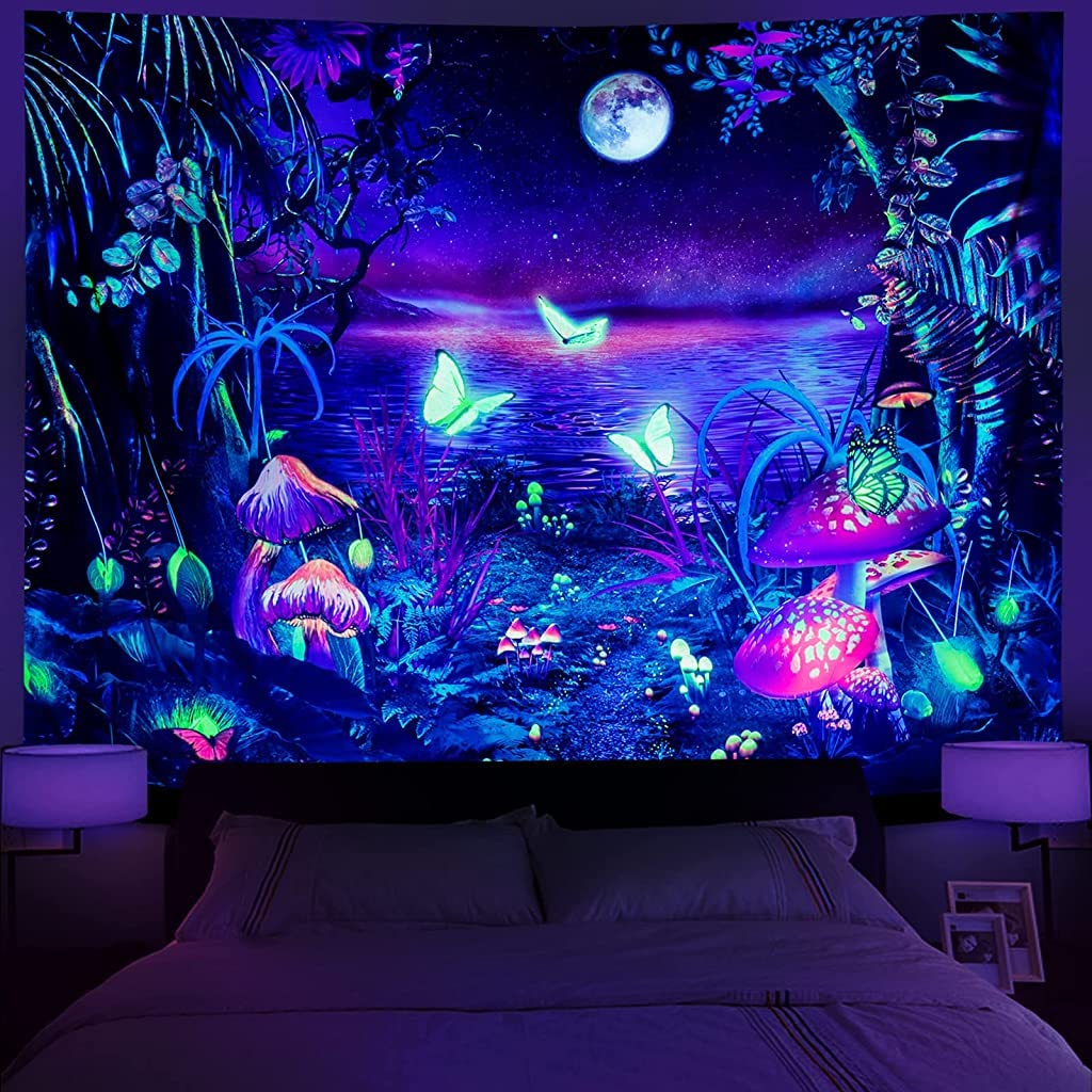 HASTHIP® Blacklight Fantasy Forest Tapestry, UV Reactive Tapestry Glow in The Dark, Butterfly Aesthetic Tapestries Galaxy Moon Space Tapestry Wall Hanging for Bedroom Living Room (51.2 in x 59.1 in)