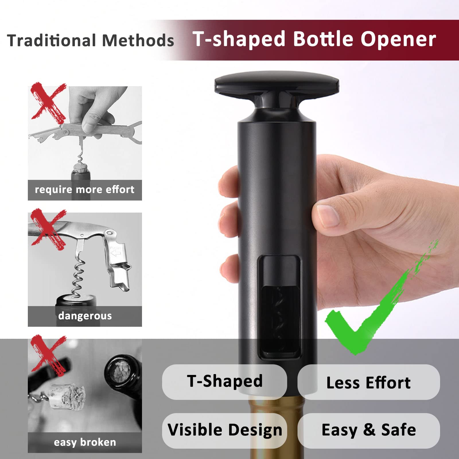 ELEPHANTBOAT® 4 PCS Wine Bottle Opener Set,Corkscrew Steel with Foil Cutter,Wine Pourer,Vacuum Stopper,One Foil Cutter T Shape Handle for Gifts