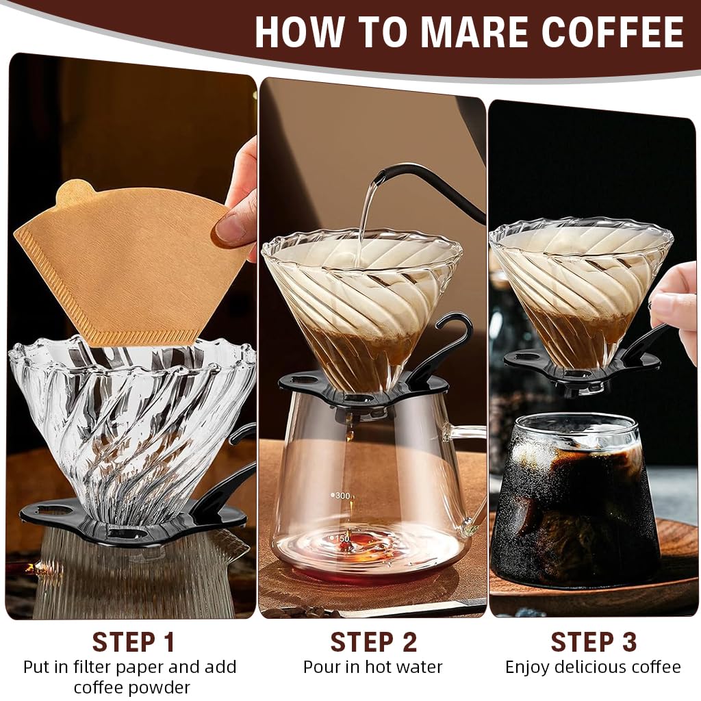 Supvox V60 Glass Coffee Dripper for 3–4 Cups with Handle and Base | Borosilicate Cone Design